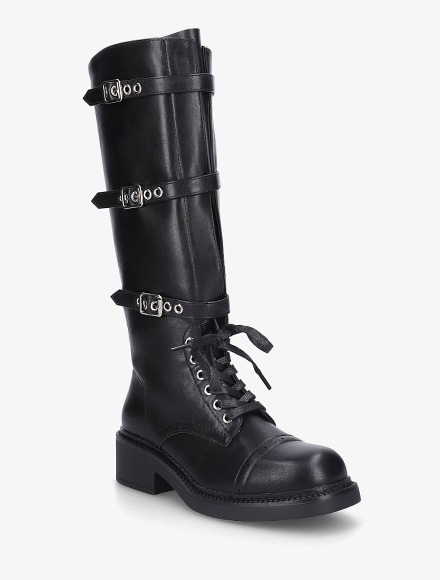 Bottes à lacets et triple sangles en simili - Noir - 2