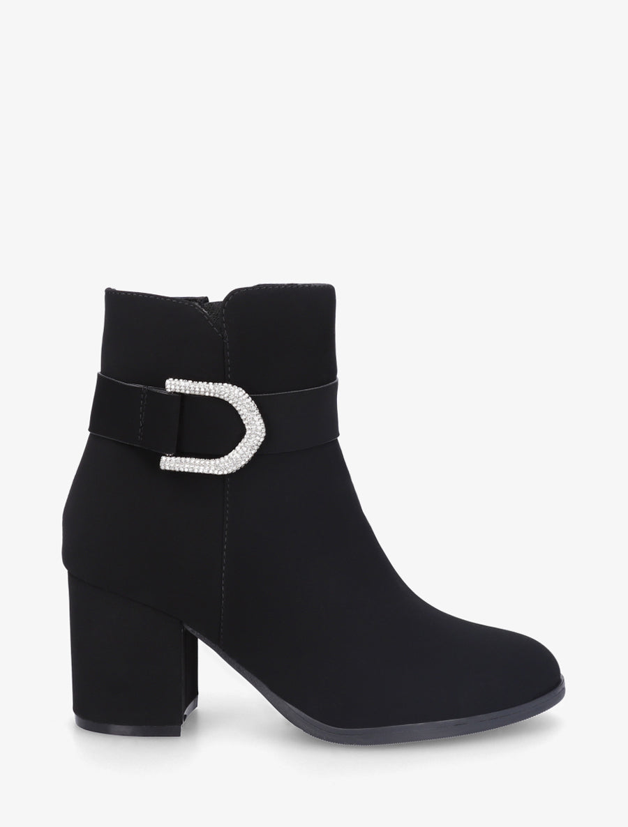 Stiefeletten im Nubukleder-Look mit Schmuckbesatz aus Strasssteinen - Schwarz