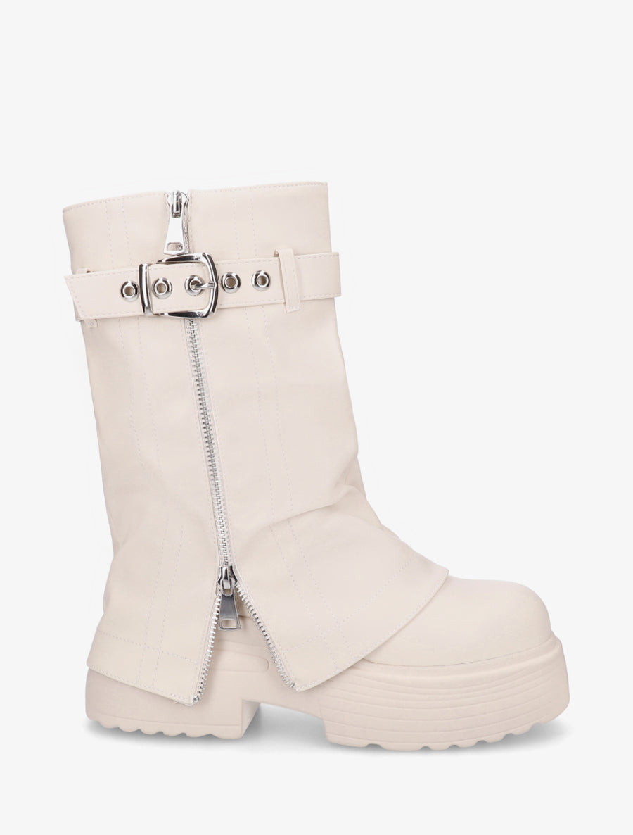 Schnürstiefeletten mit Umschlag und dekorativem Reißverschluss - Beige