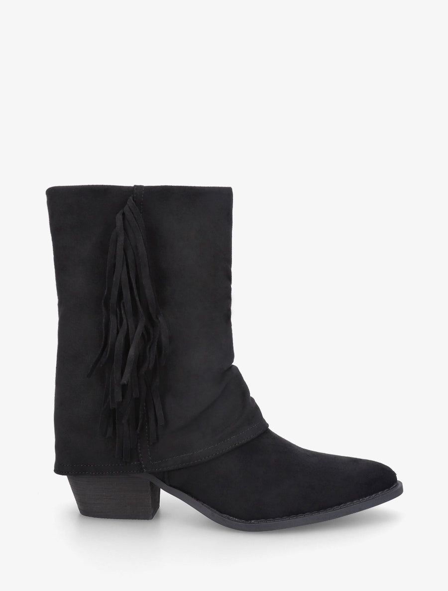 Stiefeletten mit Umschlag und Fransen - Schwarz