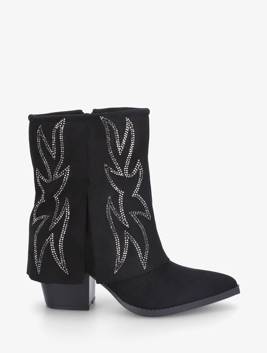 Stiefeletten im Cowboystiefel-Stil mit Strasssteinen - Schwarz