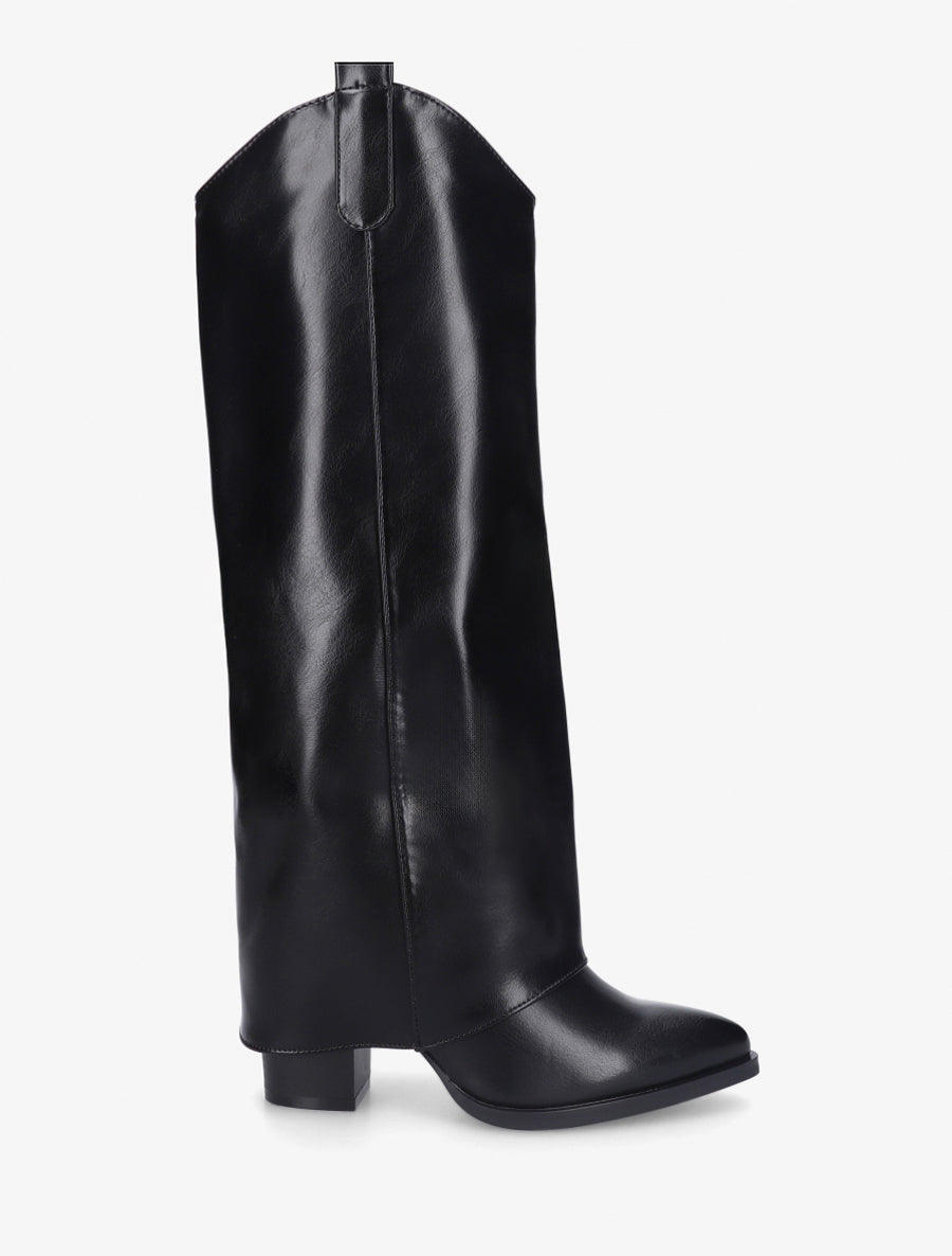 Bottes à talon et revers en simili - Noir - 1