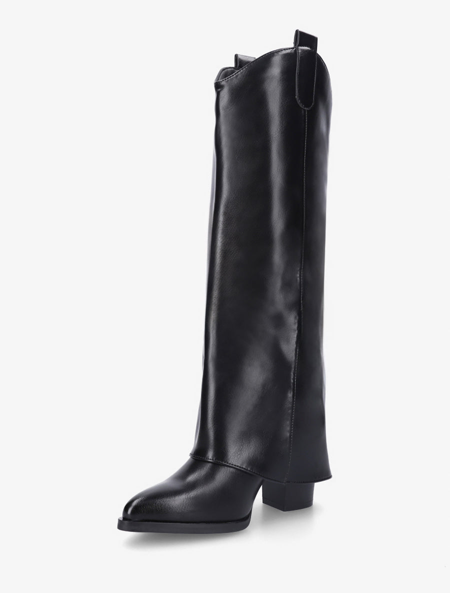 Bottes à talon et revers en simili - Noir - 3