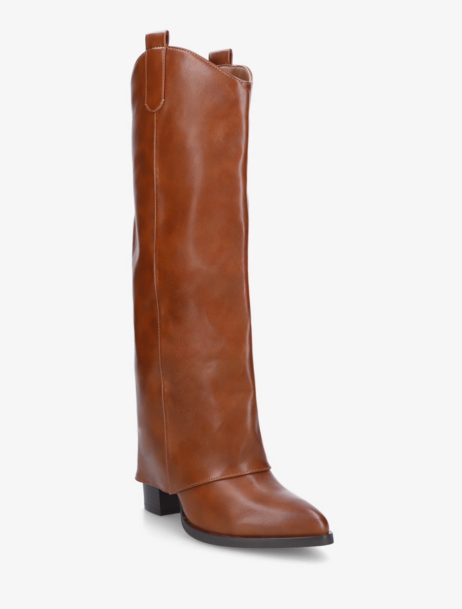 Bottes à talon et revers en simili - Camel - 2