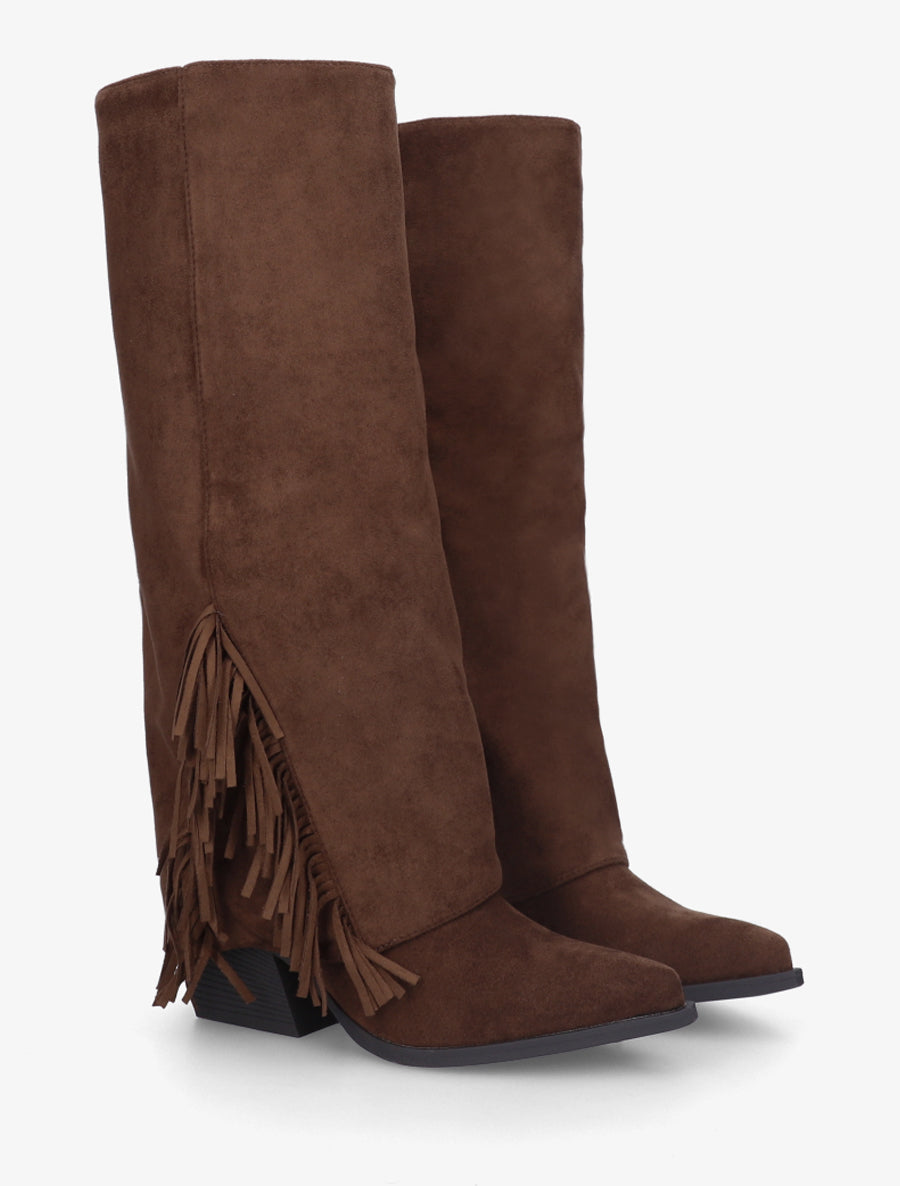 Bottes à franges et revers en suédine - Marron - 4