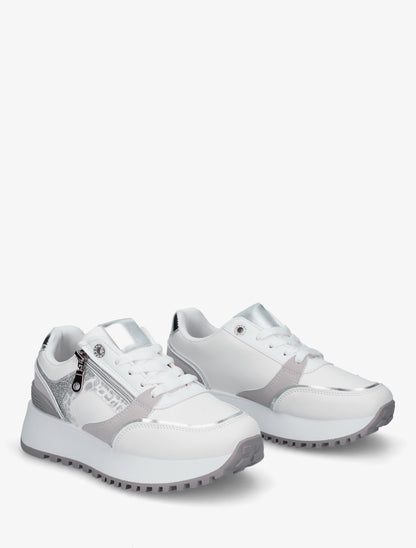 Sneakers à zip décoratif et bandes dépareillés - Blanc - 4