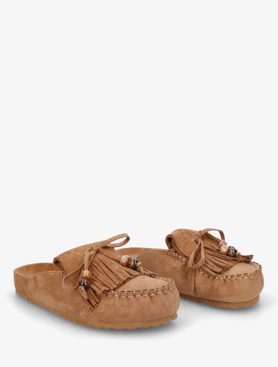 Mules frangées en suédine - Camel - 4