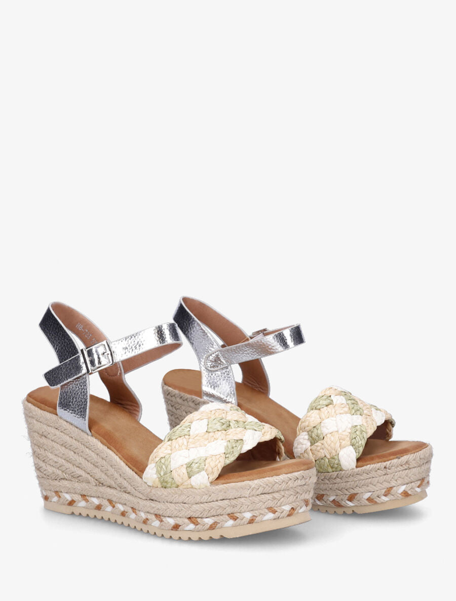 Sandales compensées à semelle raphia et brides tressées - Kaki - 4