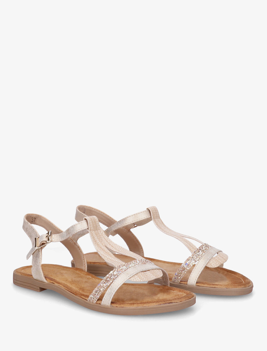Nu-pieds à bride en T pailletée - Beige - 4