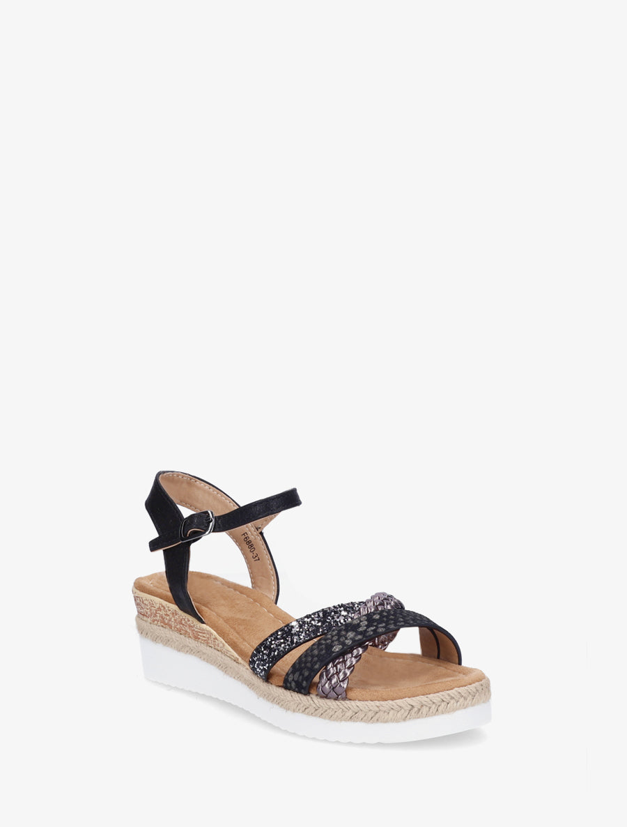 Sandales compensées à brides fantaisies pailletées - Noir - 2