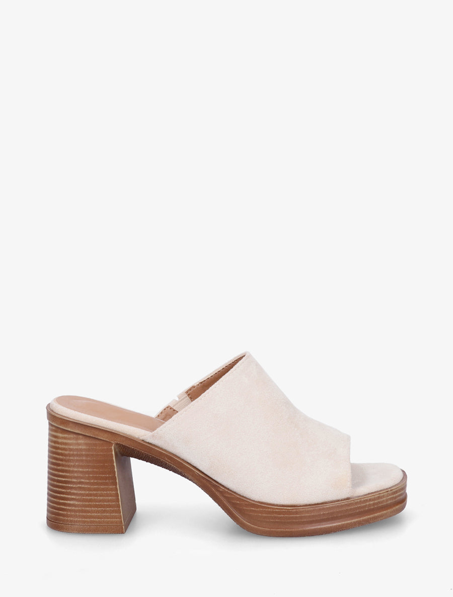 Mules en suédine à talon carré - Beige - 1