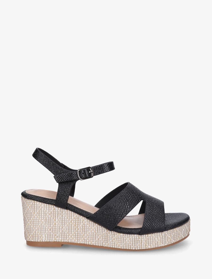 Sandales effet python à talon compensé - Noir - 1