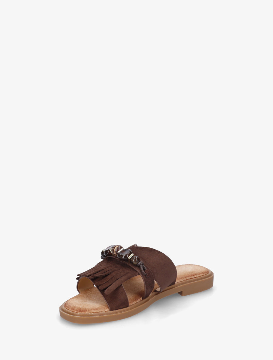 Mules en suédine à franges et perles - Marron - 3