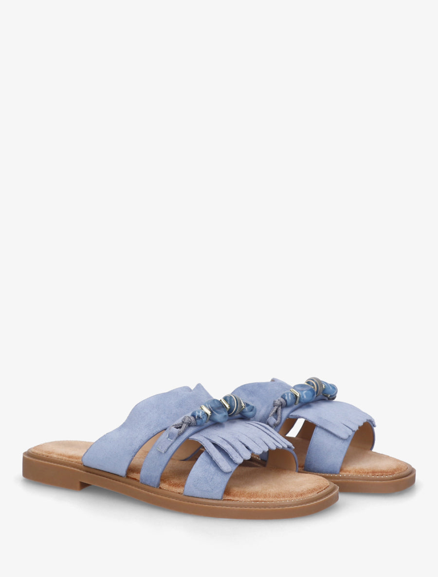 Mules en suédine à franges et perles - Bleu - 4