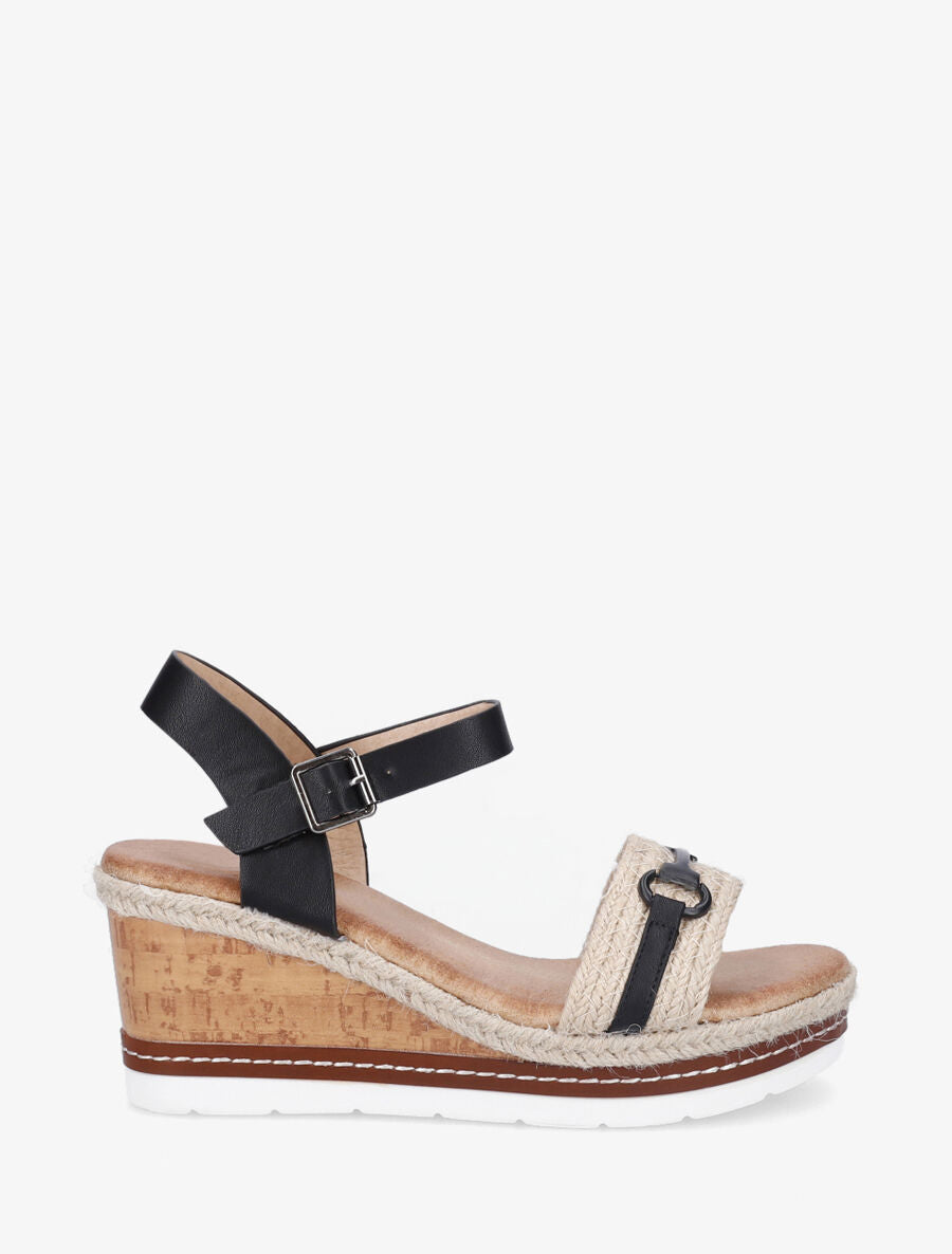 Sandales compensées à bride et tresse en raphia - Noir - 1