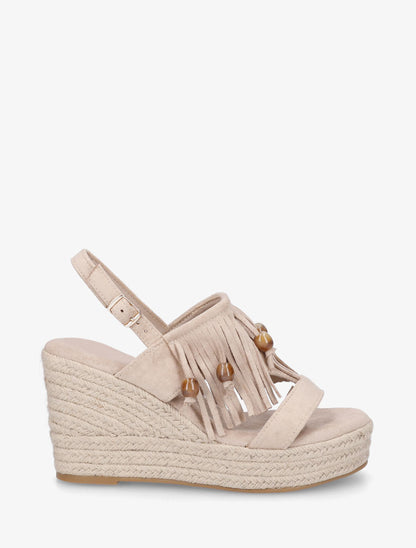 Sandales compensées à franges en suédine - Beige - 1