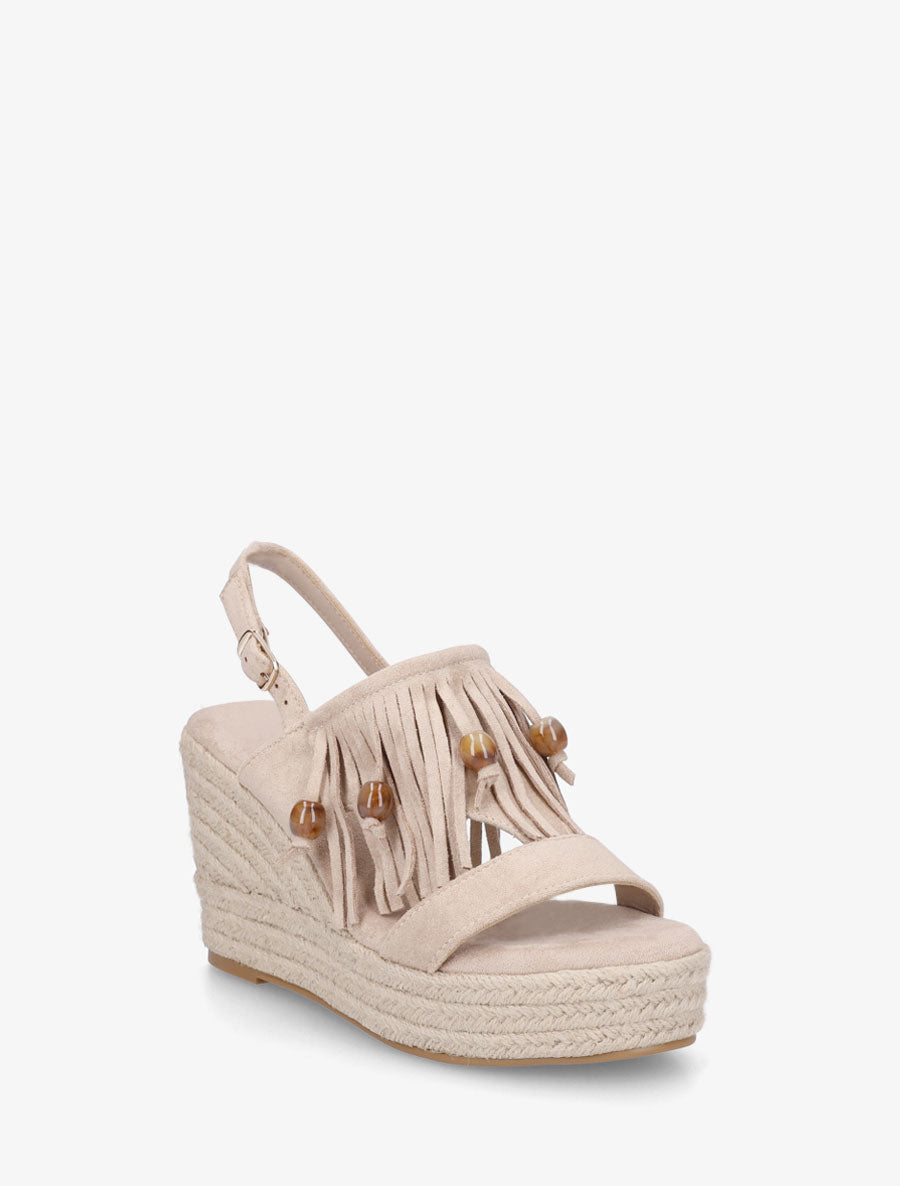 Sandales compensées à franges en suédine - Beige - 2