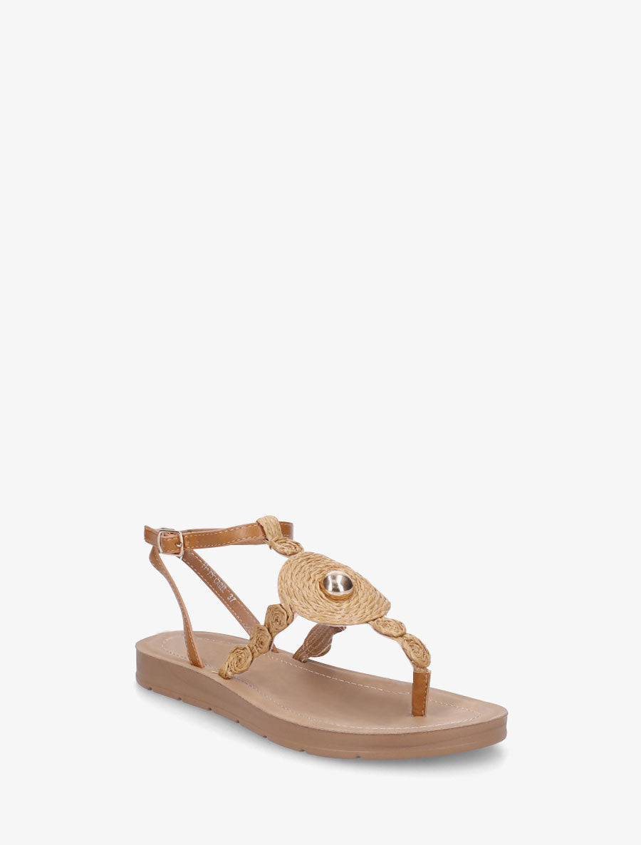 Nu-pieds à empiècement effet raphia - Camel - 2