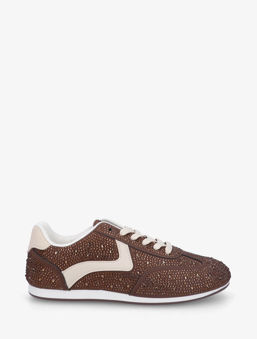 Sneakers effet nubuck à strass - Marron - 1