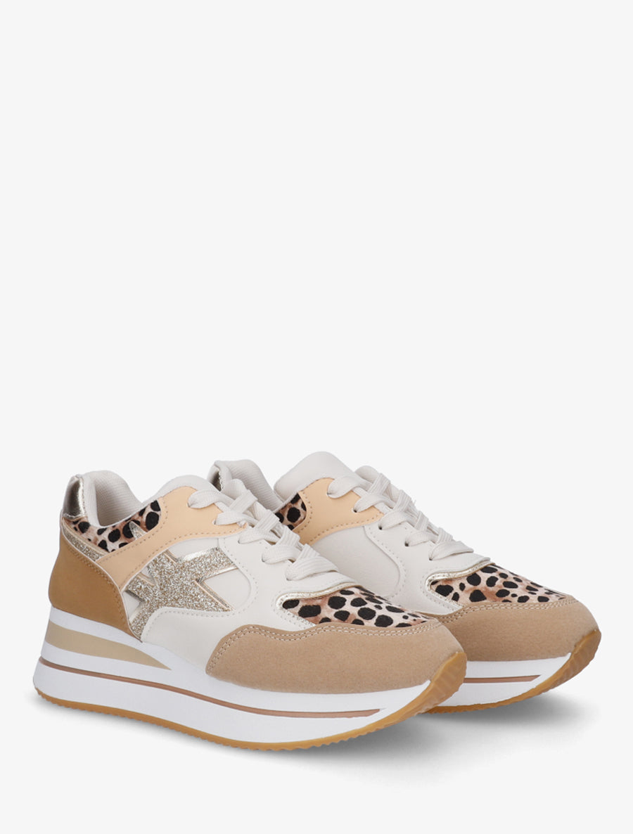 Baskets à paillettes et imprimé léopard - Camel - 4
