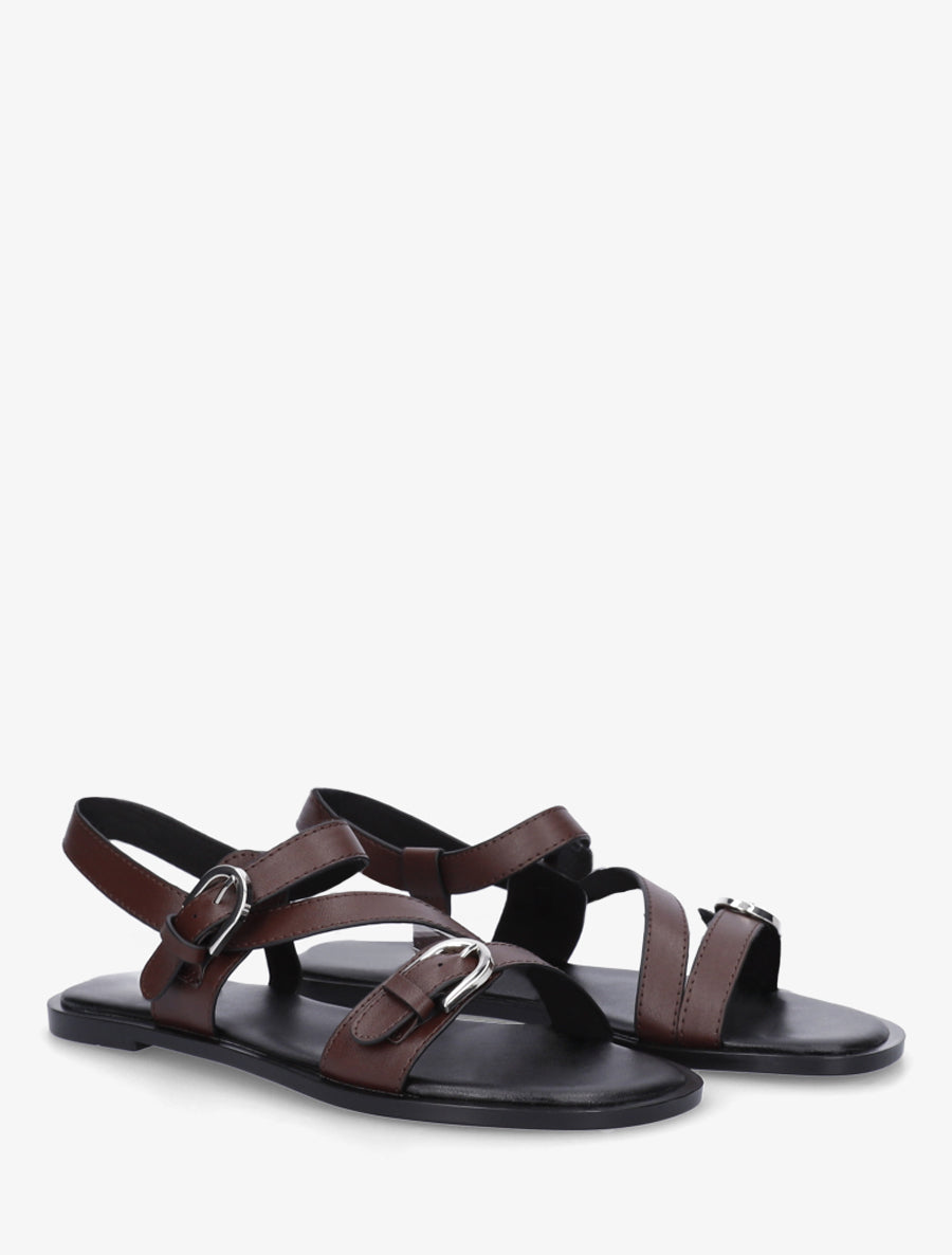 Sandales plates à double boucles en simili - Marron - 4