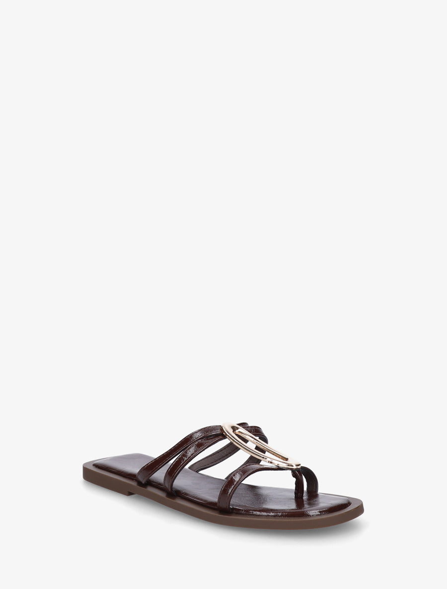 Mules plates à fines brides et bijou métal - Marron - 2