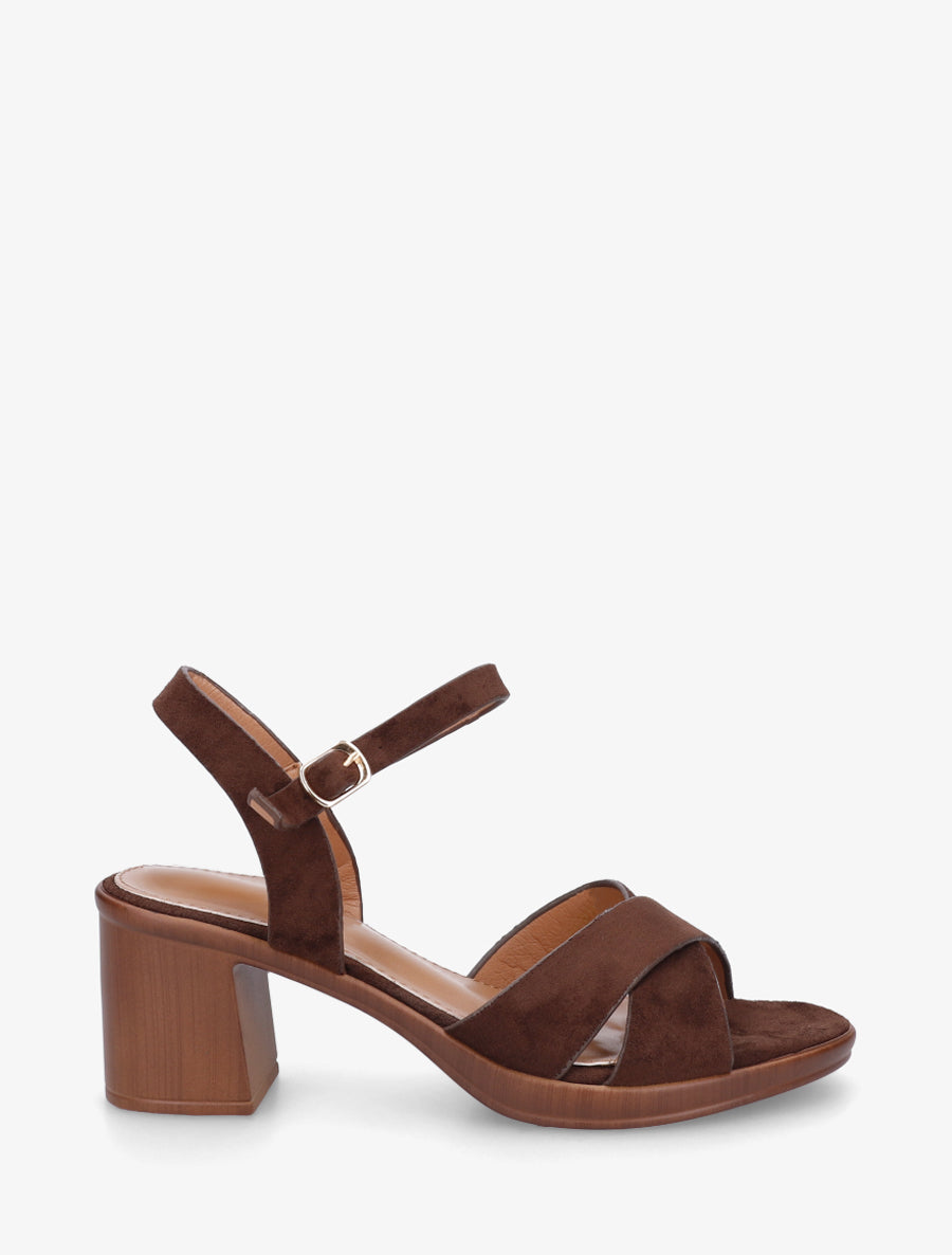Sandales croisées en suédine à talon carré - Marron - 1