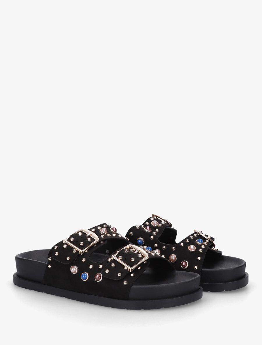Claquettes en suédine à perles et clous - Noir - 4