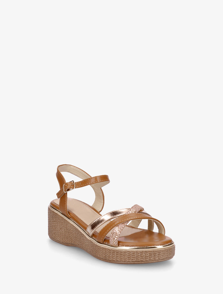 Sandales compensées à brides croisées fantaisies - Camel - 2