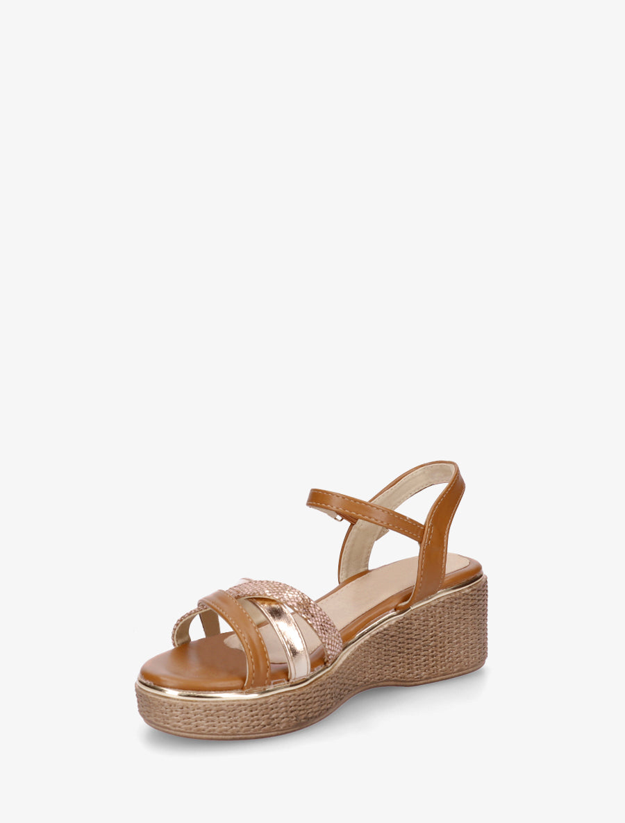 Sandales compensées à brides croisées fantaisies - Camel - 3