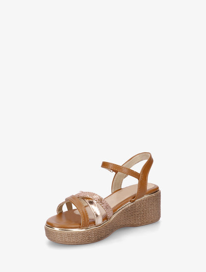 Sandales compensées à brides croisées fantaisies - Camel - 3