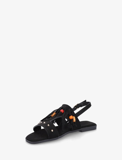 Sandales en suédine à franges et perles de bois - Noir - 3