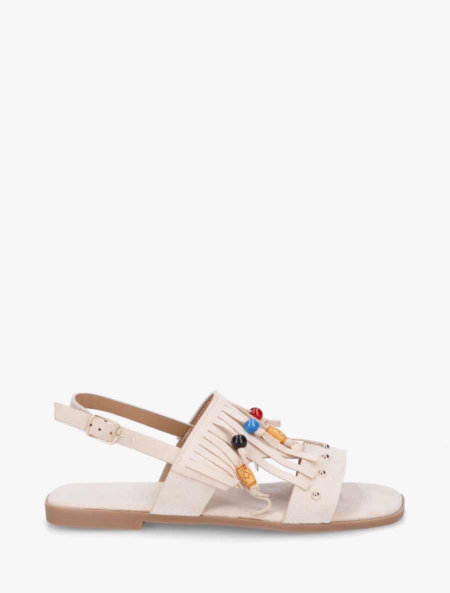 Sandales en suédine à franges et perles de bois - Beige - 1