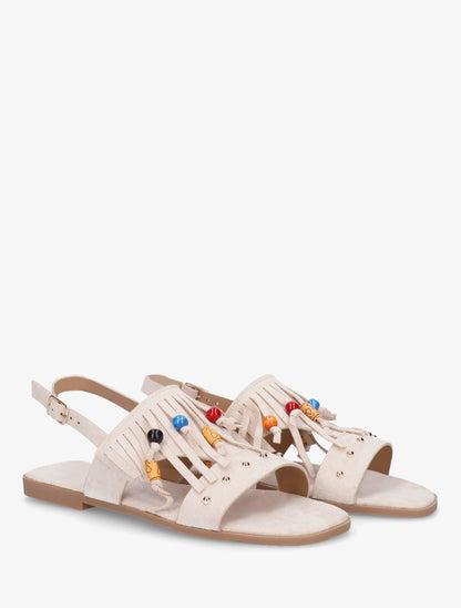 Sandales en suédine à franges et perles de bois - Beige - 4