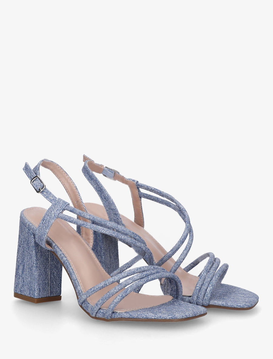 Sandales à talon et brides fines effet jean - Bleu - 4