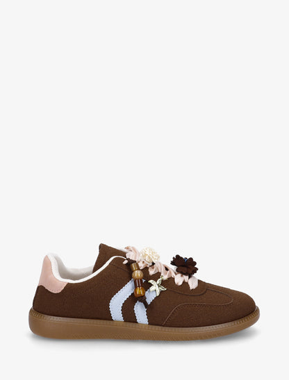 Sneakers à empiècement fleurs et bandes contrastantes - Marron - 1