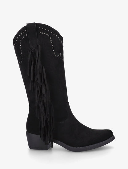 Bottines montantes en suédine à franges et clous - Noir - 1