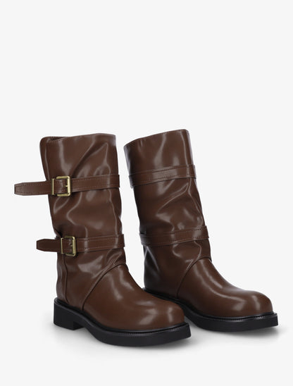 Bottines en simili à double sangles - Marron - 4
