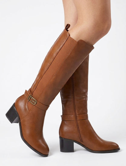 Elastische Stiefel aus Kunstleder mit Zierschnalle - Kamel