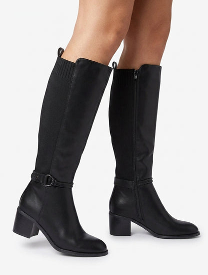 Stiefel aus Kunstleder und Stoff mit runder Schnalle - Schwarz