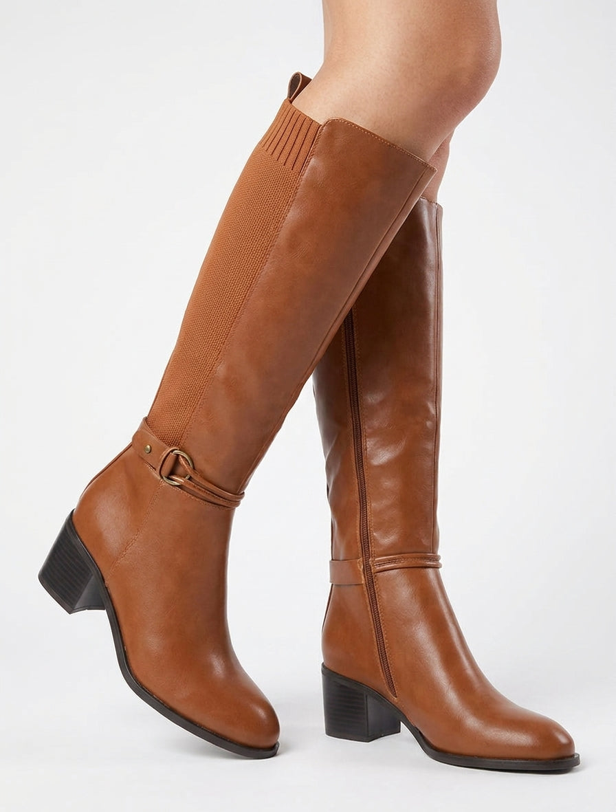 Stiefel aus Kunstleder und Stoff mit runder Schnalle - Kamel