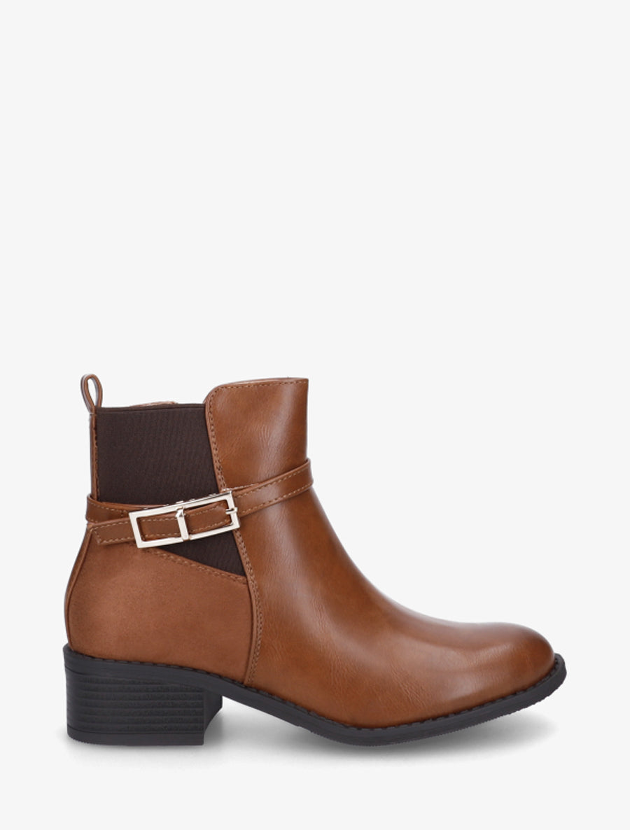 Bottines élastiquées bimatière à boucle métal - Camel - 1