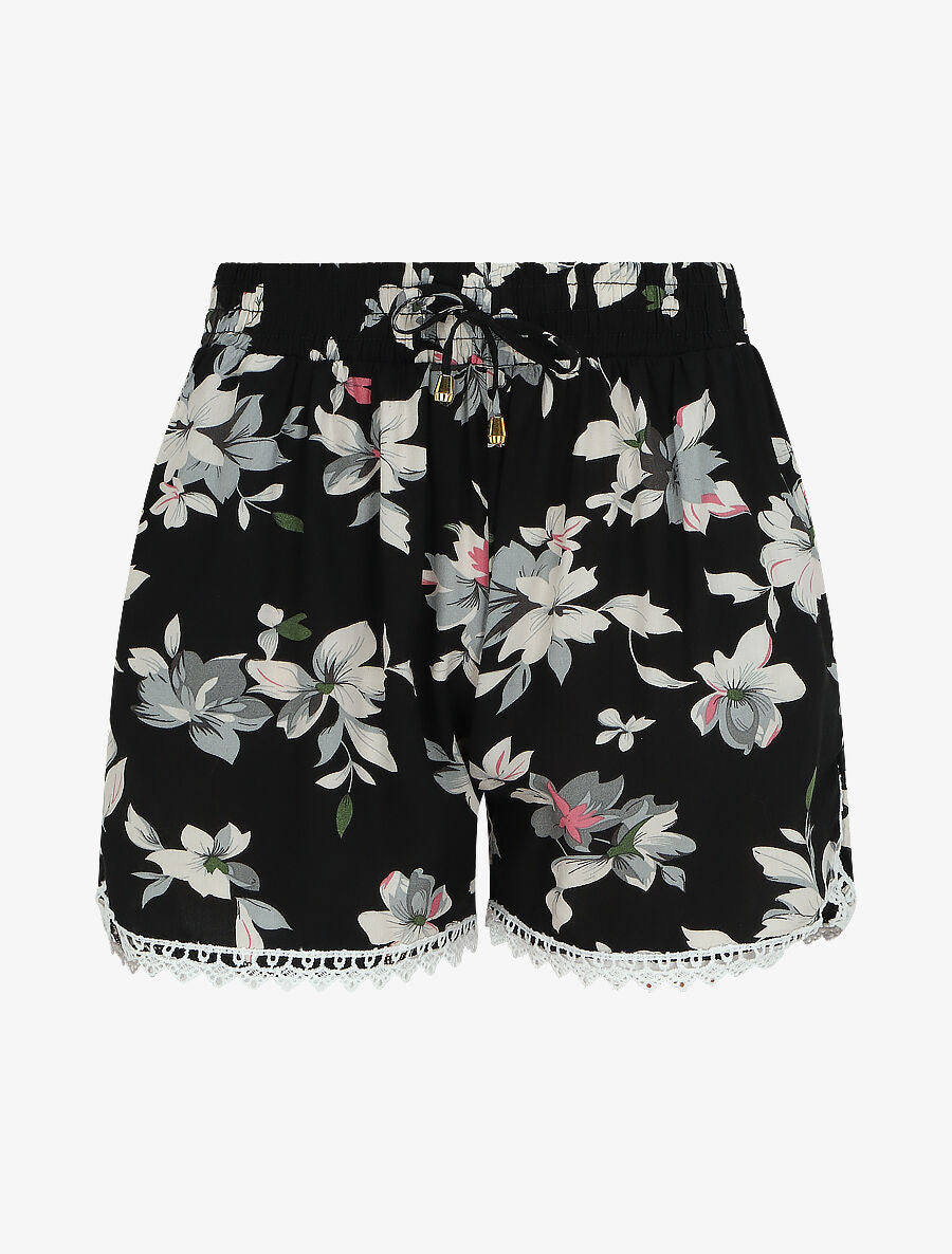 Short imprimé été fleuri à bords en crochet - Noir - 4