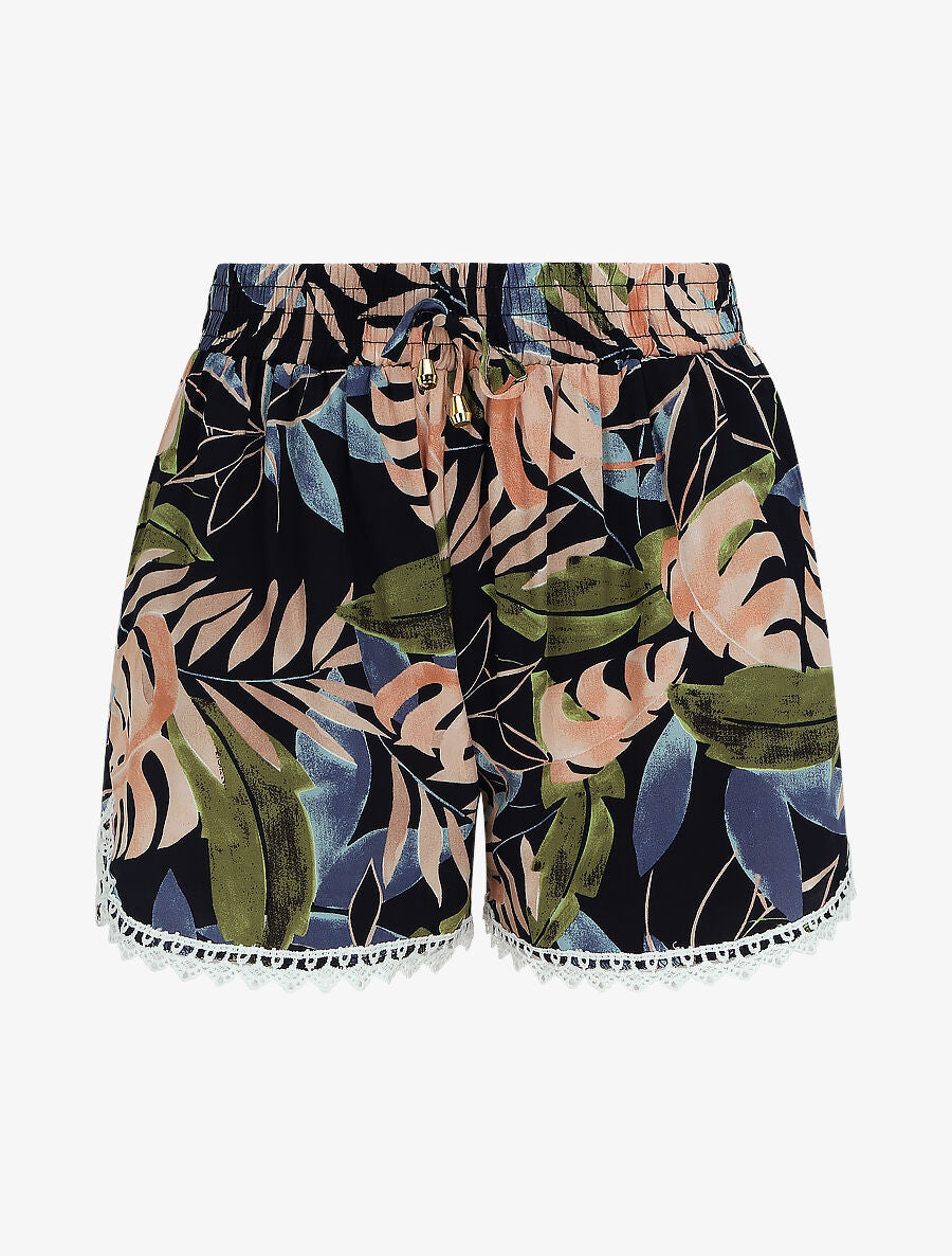Short imprimé tropical à bords en crochet - Marine - 4