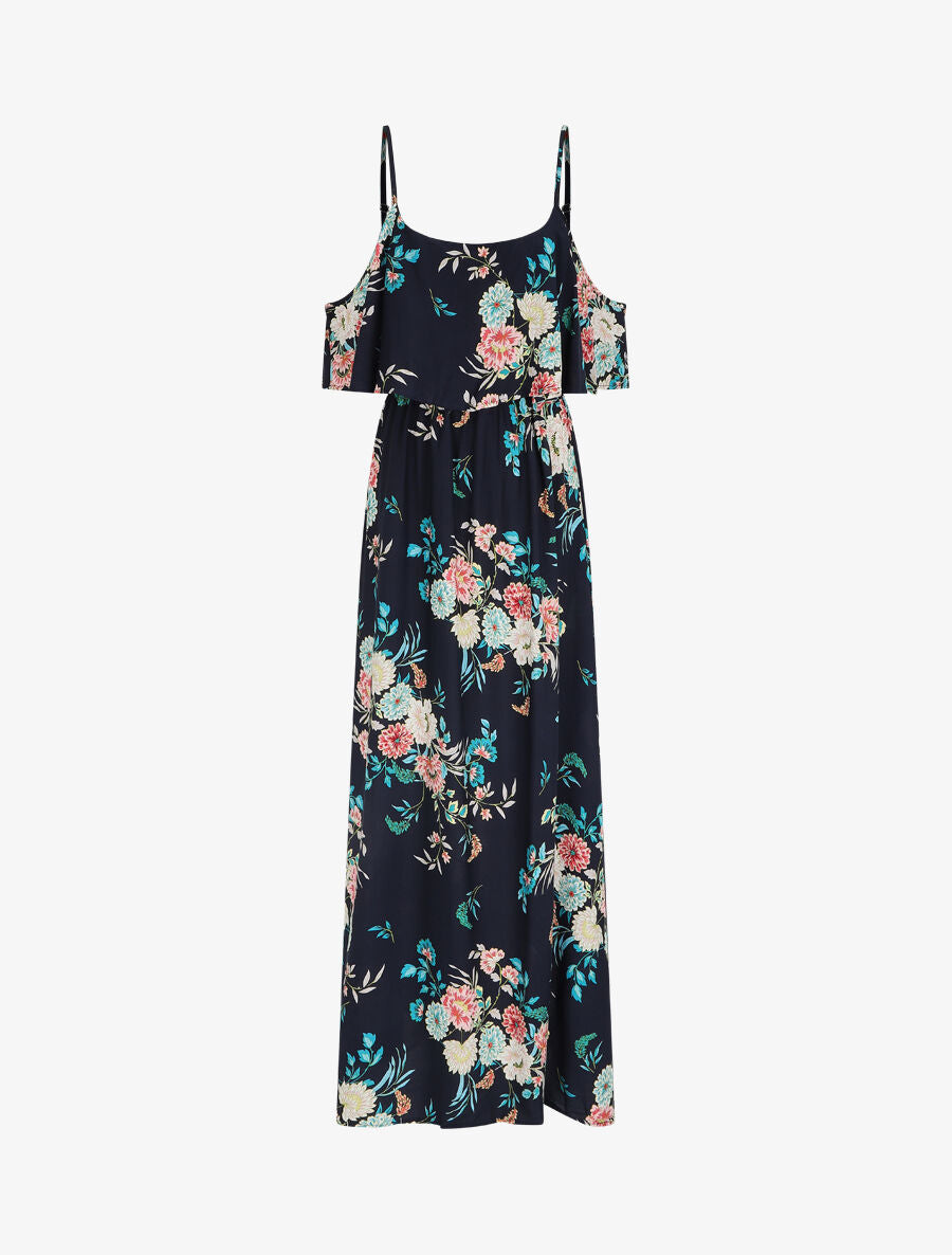 Robe longue à buste volanté imprimé bouquet baroque - Marine - 5