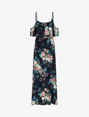 Robe longue à buste volanté imprimé bouquet baroque - Marine - 5