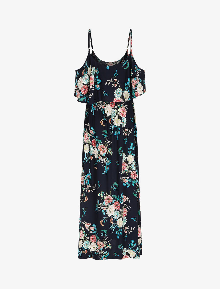 Robe longue à buste volanté imprimé bouquet baroque - Marine - 2