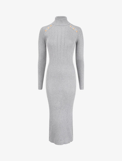Robe pull à col roulé et épaules à détail boutons - Gris clair - 1