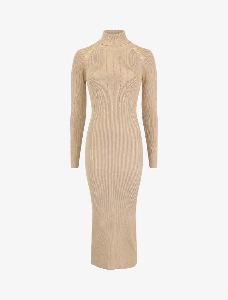 Robe pull à col roulé et épaules à détail boutons - Beige - 1