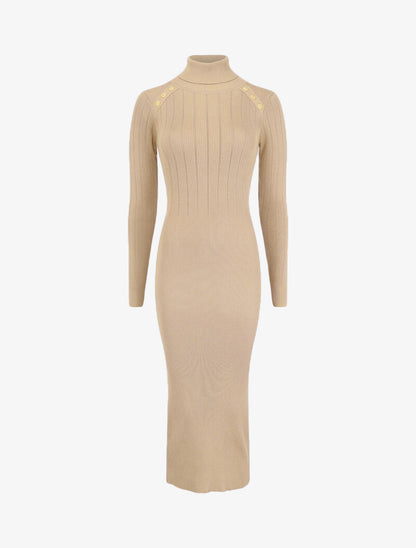 Robe pull à col roulé et épaules à détail boutons - Beige - 1